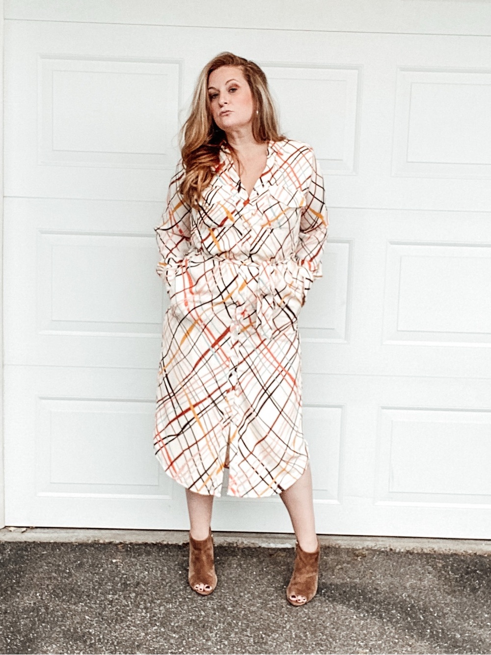 NWT New York & Company Plaid Midi Tie Waist Shirt Dress